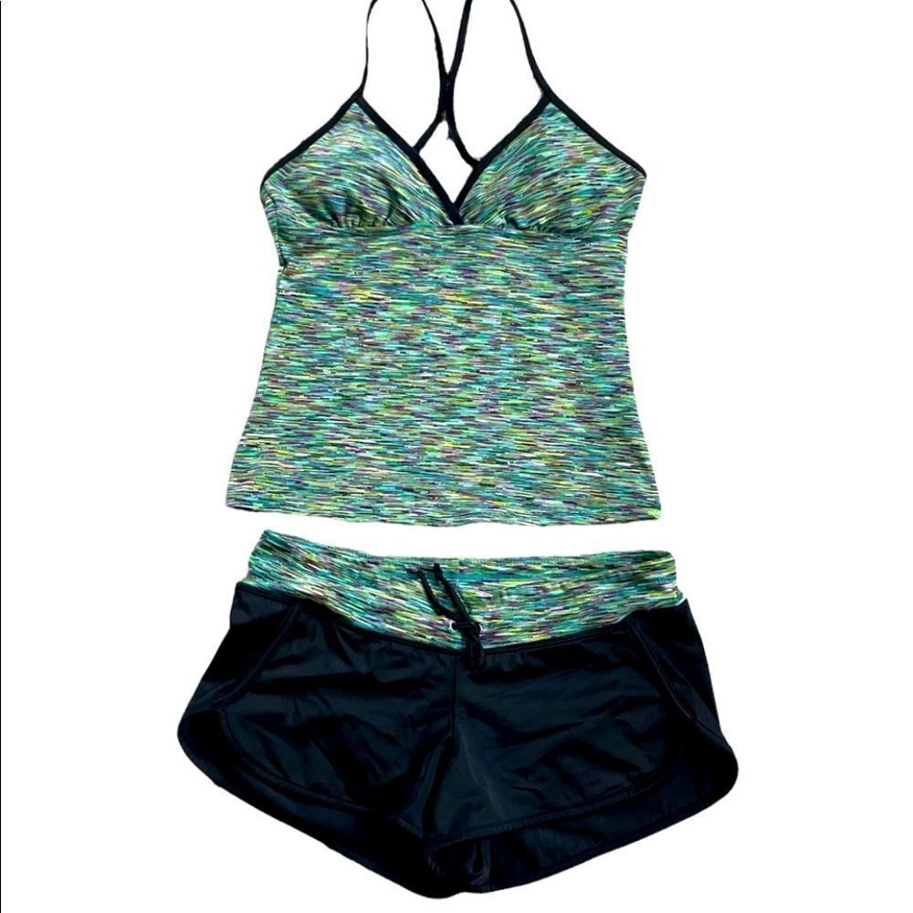 ATHLETA workout short set in black w/green accent